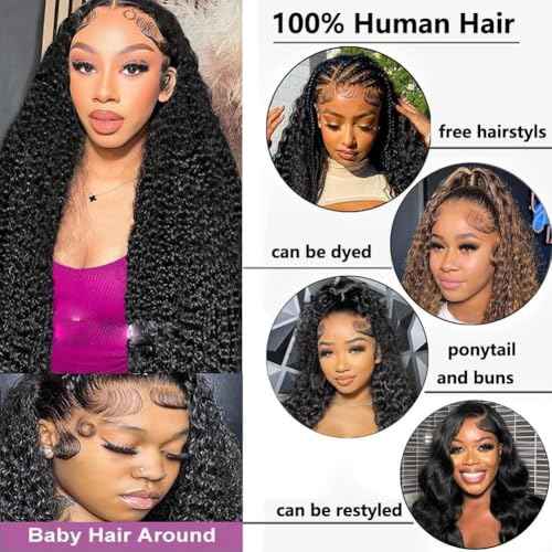34 Inch 13x6 Deep Wave Lace Front Wigs Human Hair 10A 180% Density,HD Lace Frontal Wet and Wavy Curly Human Hair Wig for Black Women Pre Plucked with Baby Hair Natural Black
