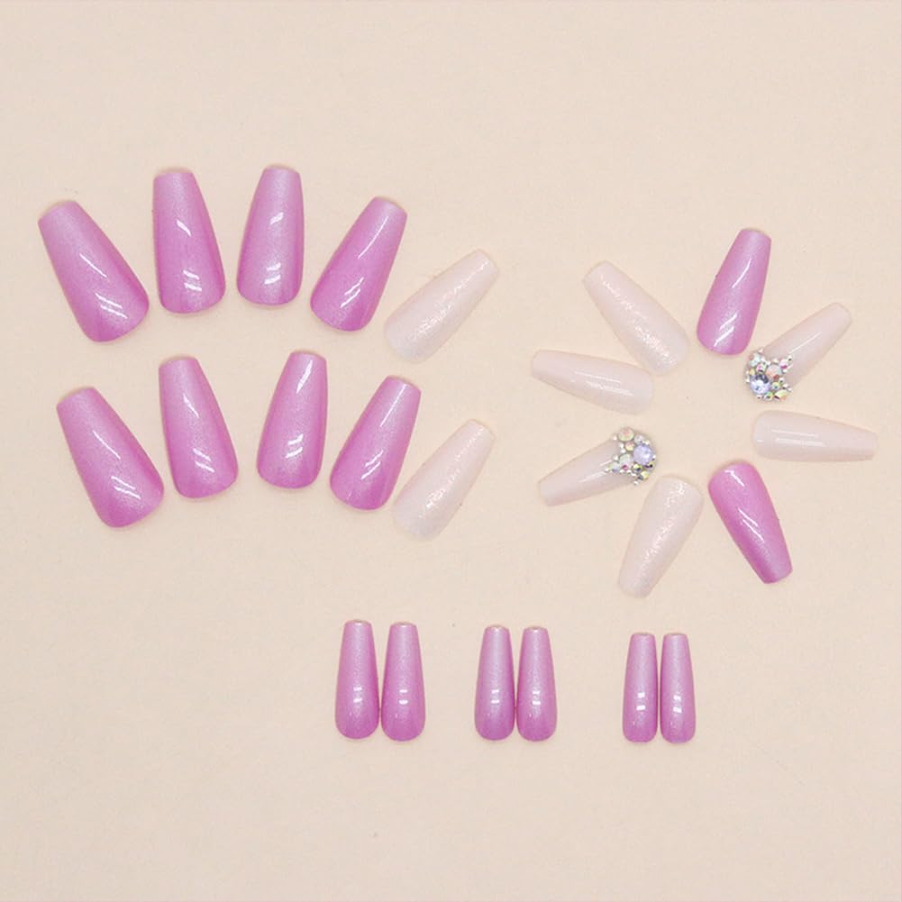 Long Press on Nails Glossy Long Fake Nails Coffin Press on Nails Square Purple Pink False Nails with Glitter & Rhinestones Design Acrylic Nails Press on Artificial Nails Stick on Nails For Women-24Pcs