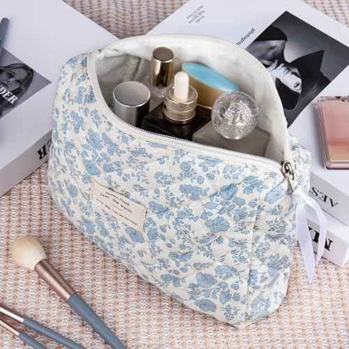 2PC Makeup Bag Set, Cute Cosmetic Bag for Women Girls, Floral Coquette Aesthetic Toiletry Bag, Travel Make Up Organizer Bag (Blue Floral)