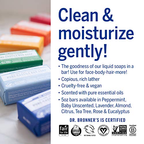 Dr. Bronner¡¯s - Pure-Castile Bar Soap (Peppermint, 5 ounce, 8-Pack) - Made with Organic Oils, For Face, Body and Hair, Gentle and Moisturizing, Biodegradable, Vegan, Cruelty-free, Non-GMO
