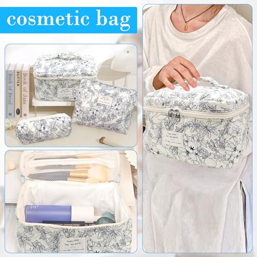 Quilted Makeup Bag, Large Capacity Travel Cosmetic Bag for Women and Girls, Aesthetic Storage for Daily and Travel Use (3pcs-BlackFloral)