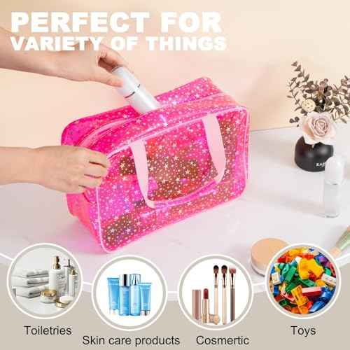 PVC Clear Makeup Bag for Women Waterproof Star Make Up Bag Toiletry Bag Travel Durable Cosmetic Bag Large Cute Tote Bag Organizer Makeup Pouch, Pink