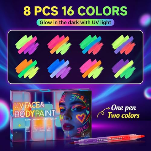 UV Glow Body Paint Markers - 16 Colors, Washable Neon Face Paint Pens