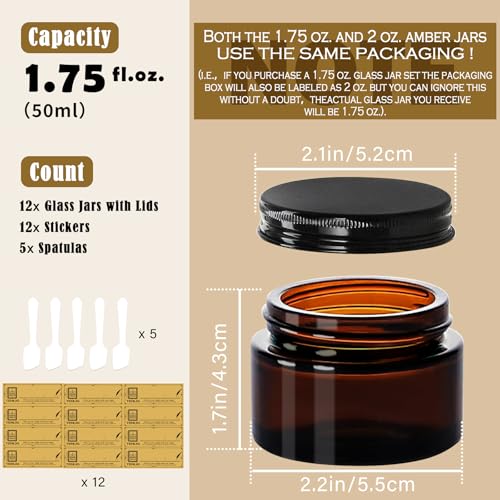 1.75 oz Amber Glass Jars with Black Metal Lids - 12 Pack