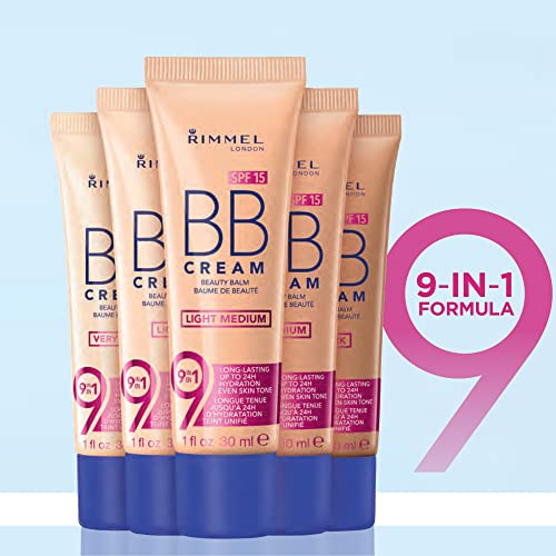 Rimmel London BB Cream, 9-in-1 Lightweight Formula with Brightening Effect and SPF 15 Formula, Medium, 30 ml