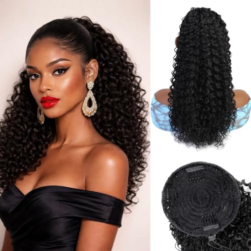 18" Drawstring Ponytail Extension Black Curly Synthetic Hair