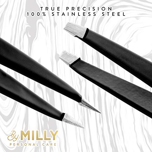 Precision Tweezers Set | Slanted & Pointed Tip Tweezers Kit | High Carbon Stainless Steel | Aligned & Hand-Filed Tweezer Set Professional | Hair Removal & Eyebrow Tweezer Set | Black