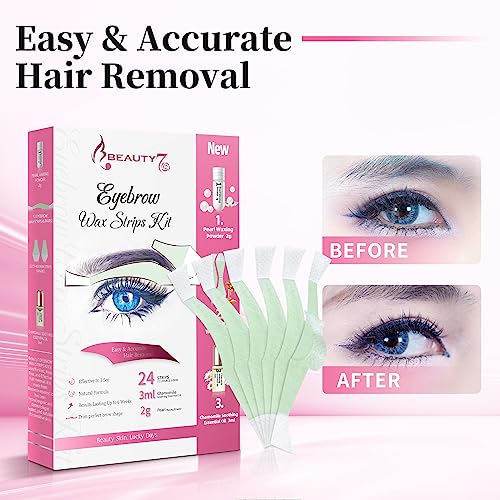 Beauty7 Hair Removal Kit, Eyebrow Wax Strips Kit Facial Wax Strips 24 Strips with Pearl Powder Essential Oil for Sensitive All Skin Types Women