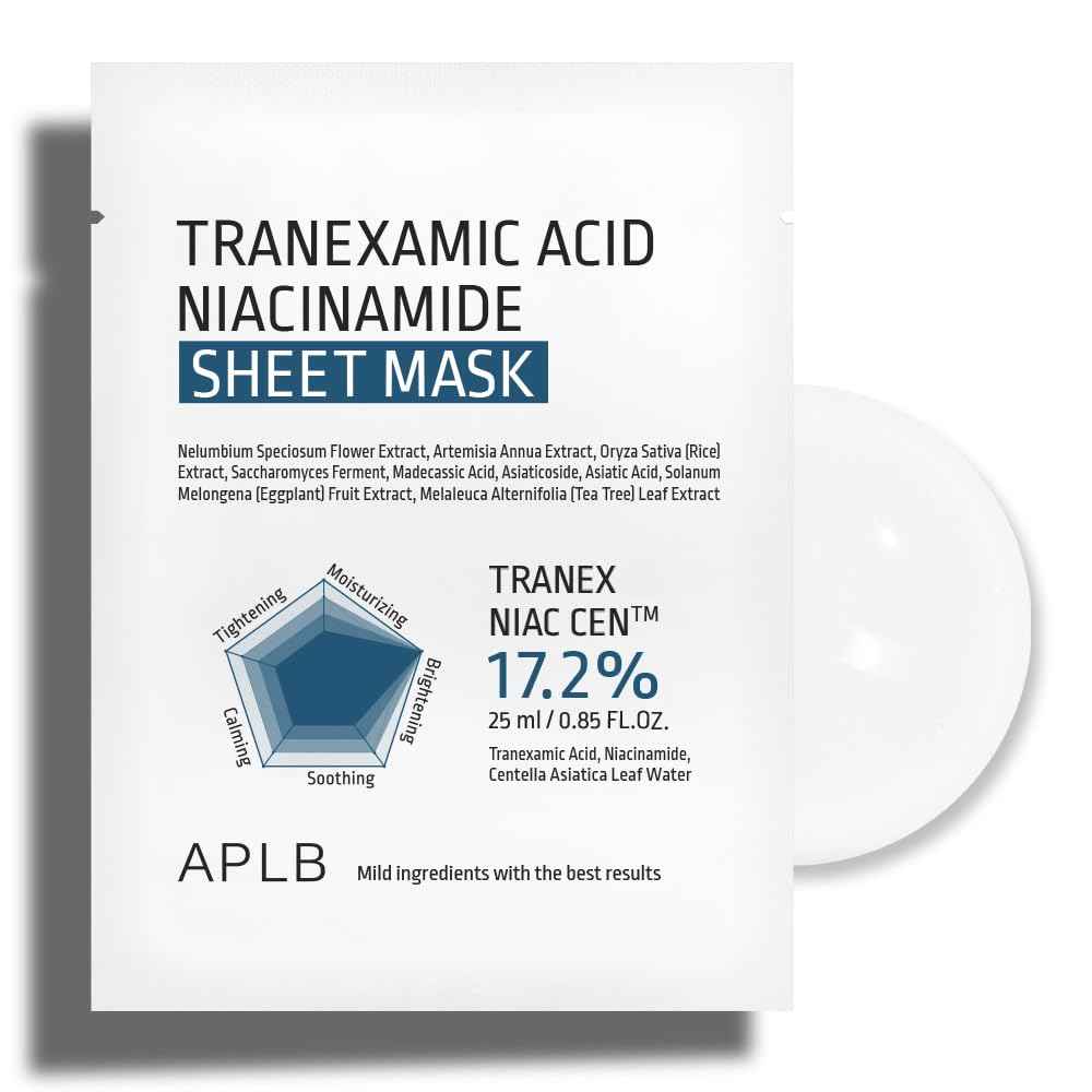 APLB Tranexamic Acid Niacinamide Sheet Mask 10pcs | TRANEX NIAC CEN™ 17.2% 0.85 FL.OZ/Korean Skincare, Long lasting hydration, Blemish Care, Helps with skin discoloration