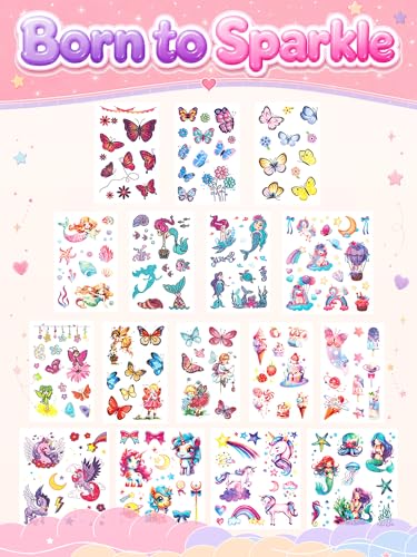 Girls 16 Sheets Glitter Temporary Tattoos - 150+ Mermaid & Unicorn Party Favors