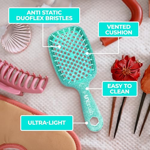 FHI Heat UNbrush Detangling Brush for Pain-Free Brushing on All Wet or Dry Hair Types — Durable DuoFlex Anti-Static Bristles, Lightweight Handle, Vented Hair Brush, Turquoise Green