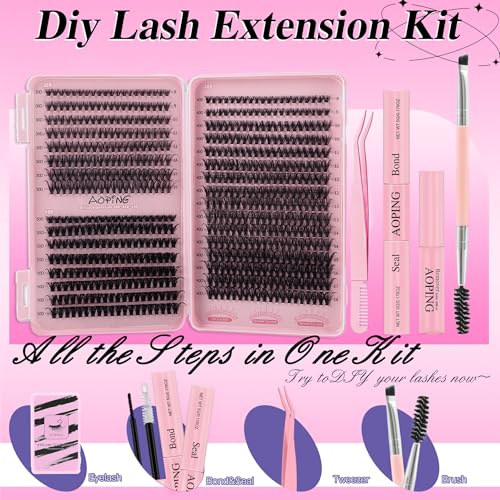 Lashes Extension Kit 640pcs False Eyelashes Clusters 30D+40D+50D, DIY Individual Lash Kit 8-18mm with Eyelash Tools Set