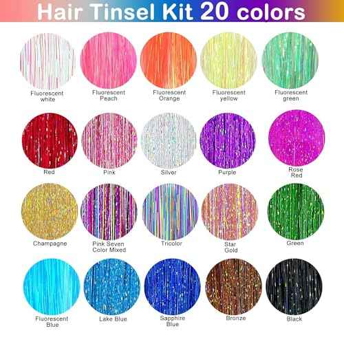 Hair Tinsel Kit (48 Inch,20 Colors,6000 strands), Tinsel Hair Extensions with Tools£¬Heat Resistant Fairy Hair Tinsel Kit for Women Girls Hair Accessories