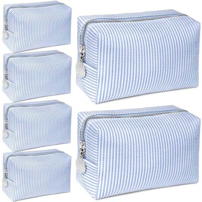 6-Pack Light Blue Seersucker Makeup Bags Set