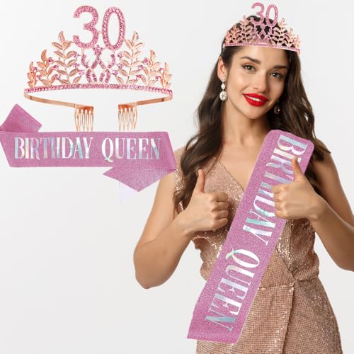 Rose Gold Birthday Queen Tiara and Sash Set with Rhinestones