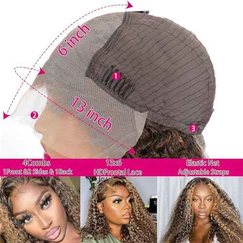 Highlight Ombre 13x6 Lace Front Wig Human Hair 13x6 Deep Wave HD Lace Frontal Wig for Women 180 Density Honey Blonde Deep Curly Frontal Wig Pre Plucked 4/27 Color 26 Inch