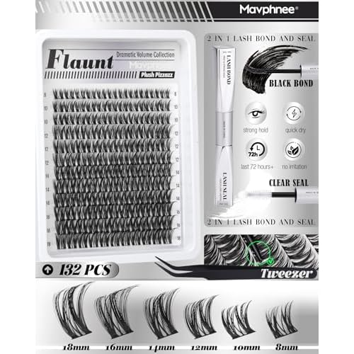 Flaunt Lash Clusters Kit Wispy Cluster Eyelash Extensions Kit CD-Curly Natural Individual Lashes DIY Lash Extension Kit 132Pcs Flora Cluster Lashes with Bond and Seal and Tweezers by Mavphnee (8-18MM)