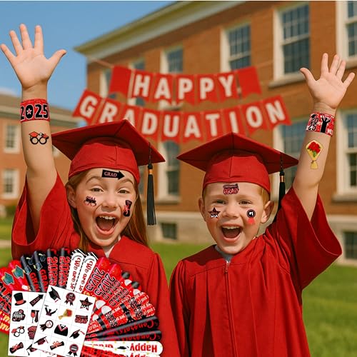 48 PCS 2025 Graduation 24PCS Temporary Tattoos Stickers 24PCS Slap Bracelets Wristbands Perfect for Themed Class Party Supplies Grad & So Proud of You High School College (Red)
