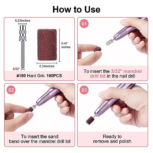 COSLUS Nail Drill Bits & Sanding Bands Set - 100 Fine Grit Sanding Bands & Mandrel for Manicure & Pedicure