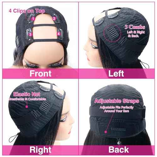 U Part Human Hair Wigs Easicontour U Part Straight Human Hair Wigs With Drawstring,200% Density Put On And Go Glueless Wig Human Hair Full Head Clip In Half Wig(14 Inch,Natural Color)