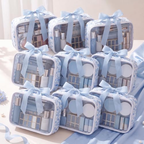 9-Pack Blue Floral Makeup Bags for Bridesmaids, Waterproof Cosmetic Organizer