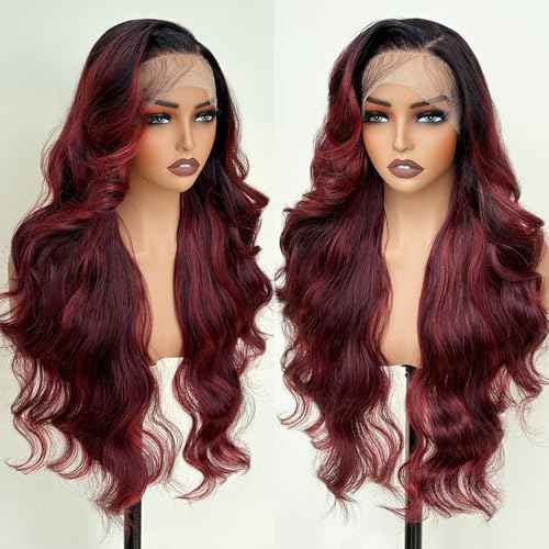 Burgundy Ombre 26 Inch HD Lace Front Wigs for White Women Black Women - Pre Plucked Body Wave Synthetic Wig with Tiny Knots 13¡¿6 Pre Layered Natural Hairline Glueless Wigs Wear and Go