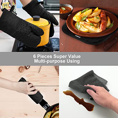 KEGOUU Oven Mitts and Pot Holders 6pcs Set, Kitchen Oven Glove High Heat Resistant 500 Degree Extra Long Oven Mitts and Potholder with Non-Slip Silicone Surface for Cooking (Black)