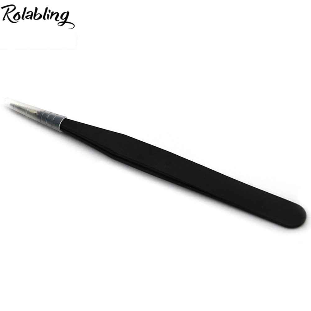 Rolabling 2pcs Elbow & Straight Black Nail Tweezers Rhinestone Picker Manicure Nail Art Tool (Set-1)