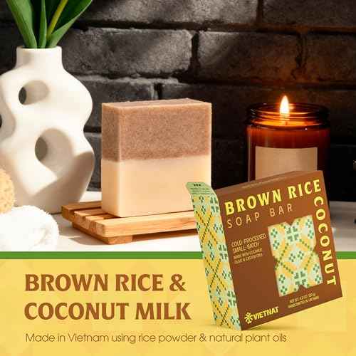Brown Rice & Coconut Milk 2-in-1 Luxurious Natural Soap Bar (4.2 oz) | Gentle Exfoliation & Nourishing Cleanse | Cold-Processed, Handmade in Vietnam for Smooth, Fresh Skin (Pack of 1)
