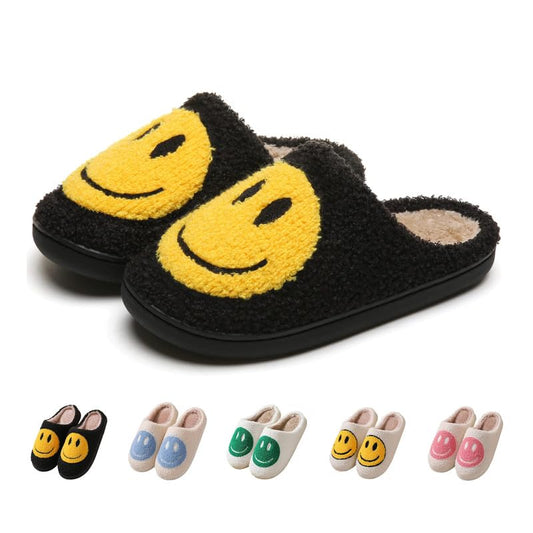 Geibiu Cute Smile Slippers for Women, Retro Soft Plush House Slippers, Warm Cozy Fuzzy Fluffy Happy Face Slippers,Slip-on Indoor Outdoor Preppy Slippers Shoes,Black Yellow