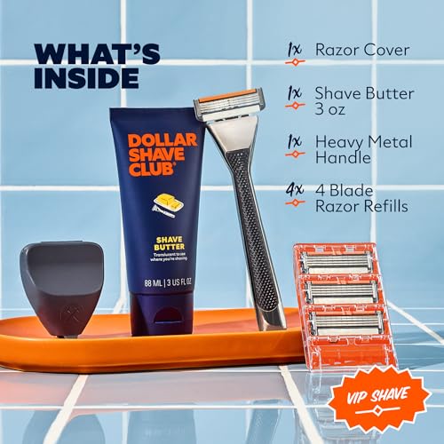 Dollar Shave Club | The VIP Shave Set | 4 Swift Rinse Refill Cartridges, 1 Heavy Metal Handle, 1 Shave Butter 3 ounce, 1 Razor Cover, Razors for Men