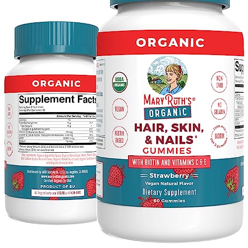 MaryRuth Organics Hair Skin and Nail | USDA Organic | Biotin Gummy with Vitamin C and E | for Ages 14+ | 60 Count