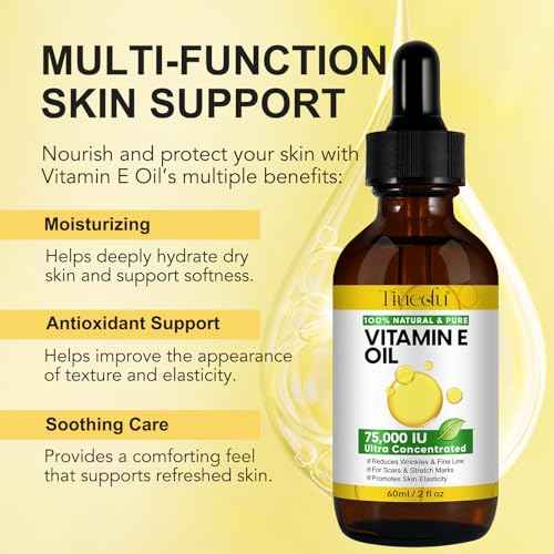 Tiuedu Natural Vitamin E Oil for Skin, 75,000 IU Ultra Concentrated Vitamin E Oil for Face, Hair and Scars, Moisturizing Dry Skin Oils, Promotes Skin Elasticity, 2Fl Oz