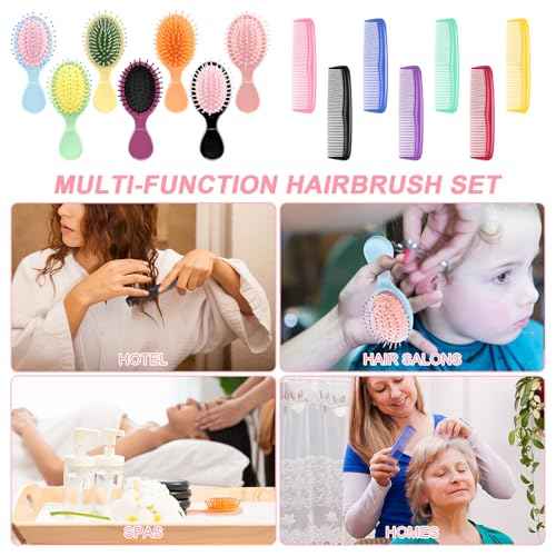 HOFASON 14 Pieces Bulk Mini Wet Hair Brush & Mini Combs Set for Kids Girls Women, Bridesmaid Gifts, Spa Party Supplies, Summer Stuff, 7 Travel Small Brush for Hair 7 Fine Wide Hair Combs for Boy Men