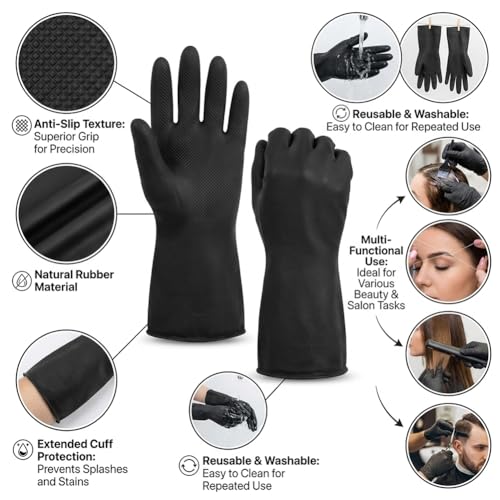 Reusable Black Hair Dye Gloves - Professional Rubber Salon Accessories (2 Pcs)