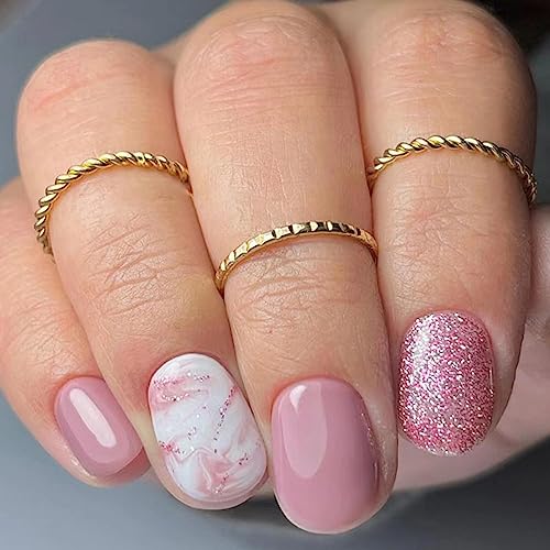 Extra Short Press on Nails Square Fake Nails with Glitter Pink White Designs Glossy Acrylic Glue on Nails Glossy False Nails Full Cover Stick on Nails Artificial Static Nails for Women 24Pcs