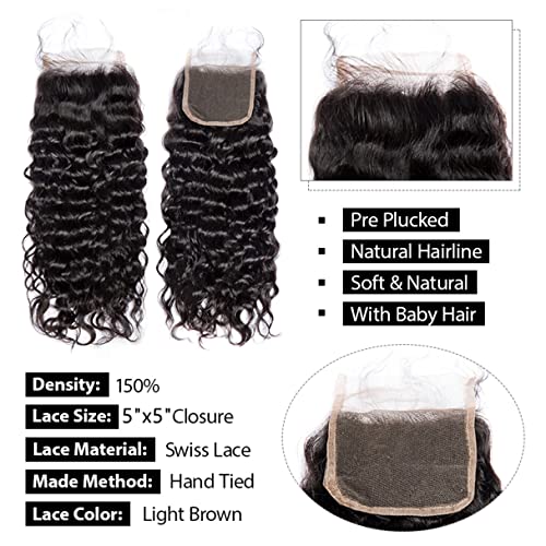 Brazilian Deep Wave 5x5 Lace Closure 100% Unprocessed Human Virgin Hair Deep Curly Free Part Closure Pre-Plucked Hairline Loose Deep Closure Natural Black Baby Hair (18inch, 5x5 deep wave closure)