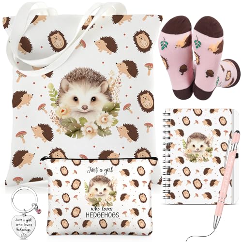 Talltalk 6 Pcs Hedgehog Gifts for Women Hedgehog Lover Gift Set, Socks Canvas Bag Makeup Bag Spiral Notebook Ballpoint Pen and Stainless Steel Keychain for Christmas Birthday Graduation Thanksgiving
