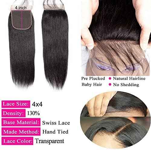 4x4 HD Lace Closure Brazilian Straight Virgin Human Hair Closure Transparent 4X4 Lace Front Closure Human Hair Pre Plucked With Baby Hair for Black Women Natural Color 20 inch