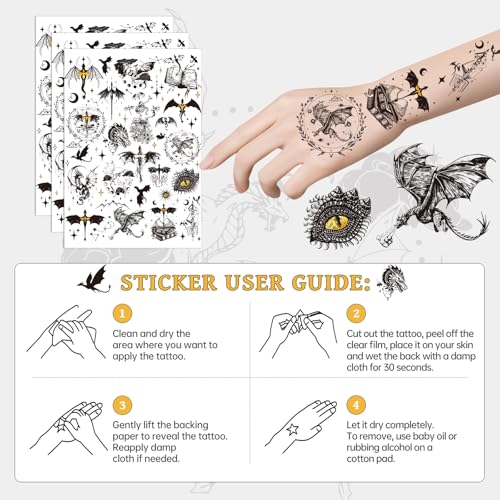 Black Wings Dragon Temporary Tattoos - 200+ Dragon Birthday Party Decorations Favors Supplies Dark Mysterious Ancient Animals Tattoo Stickers for Kids Boys Girls Dragons Goodie Bags Fillers Gifts