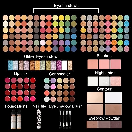 MISS ROSE M 187 Colors Professional Makeup Palette - All-in-One Kit With Eye Shadows, Lipsticks, Mascara, Foundations, Blushes, Brow Pencils, Nail File - Makeup Gift Set for Women and Girls