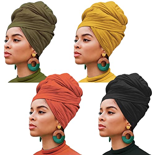 XTREND 8 Pieces Head Wrap Stretch Jersey Turban Bohemian Extra Long Scarf Hat Soft Breathable African Solid Color Knit Headwraps Turban Tie for Women (8 Colors)