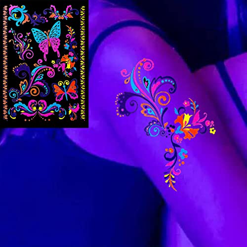 glaryyears 80+ Neon Temporary Tattoos, Glow UV Fake Charming Mandala Floral Butterfly Flowers Dreamcatcher designs, Women Girls Party Favor Supplies Night Pub 7 Sheets