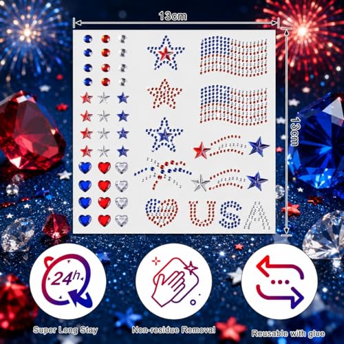 4th of July Face Gems Stickers, Self-Adhesive Rhinestones
