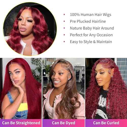 Body Wave Human Hair Wigs for Women Glueless HD Lace Front Wigs Human Hair Body Wave 180 Density Lace Frontal Wigs Human Hair Pre Plucked Body Wave (99J Burgundy wigs, 24 Inch)