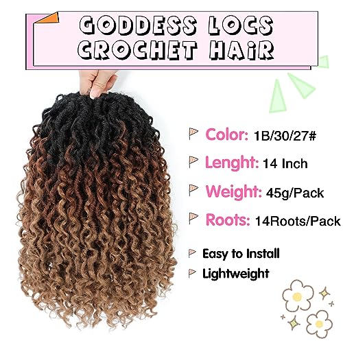 Fulcrum Goddess Locs Crochet Hair 14 Inch, 8 Packs New Faux Locs Crochet Hair for Black Women, Crochet locs with Curly Ends (14Inch (Pack of 8), 1B/30/27#)