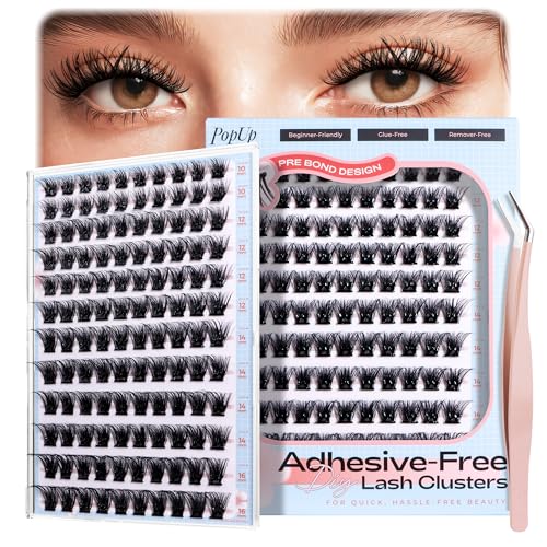 POPUP Self Adhesive Eyelashes 144Pcs D Curl Self Adhesive Lash Clusters Press on Lashes No Glue and Remover Needed Reusable Wispy Pre Glued Eyelashes with Tweezers for Beginners (ZN56)