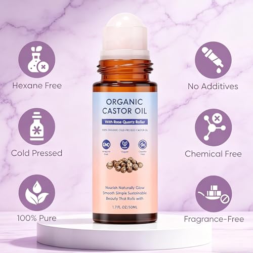 Omexry 2PC Organic Cold-Pressed Castor Oil Rose Quartz Roller for Skin Hair & Body