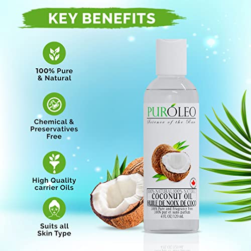 PUROLEO Fractionated Coconut Oil 4 Fl Oz/120 ML (Packed in Canada) 100% Natural and odorless Moisturizer & Carrier Oil l Hair Skin Body, Aromatherapy, Massage, Makeup Remover