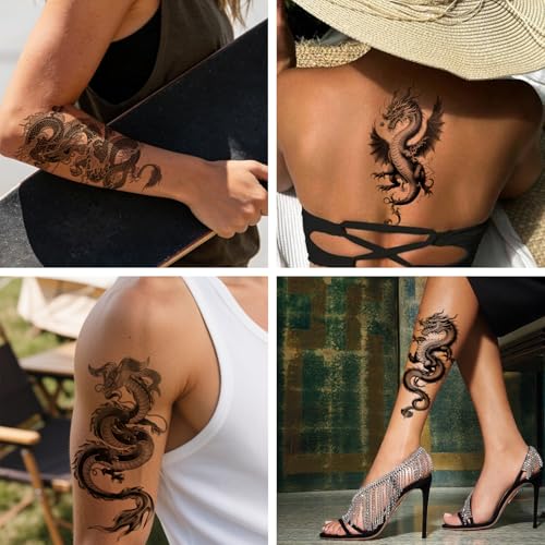Konsait Large Dragon Temporary Tattoos for Men Women, 10 Sheet Half Arm Set